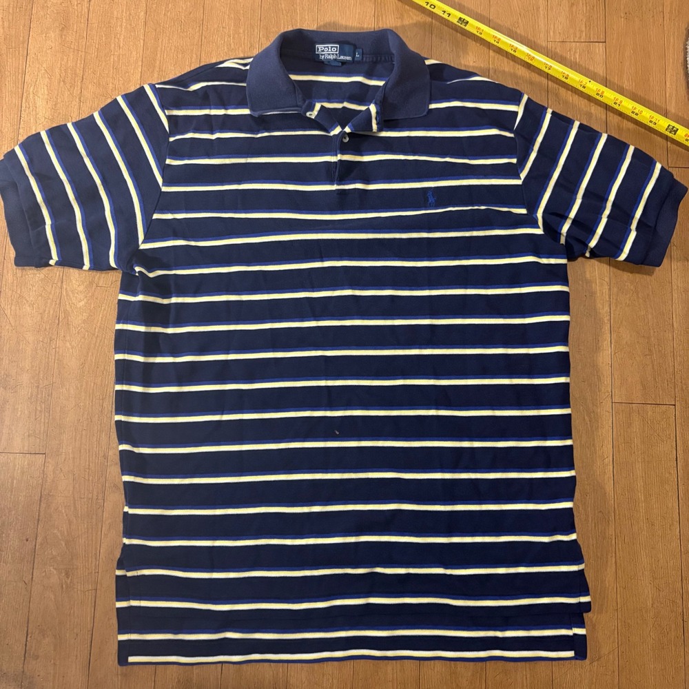 Polo Ralph Lauren Mens Large Navy Blue Yellow Striped Short Sleeve Polo Shirt